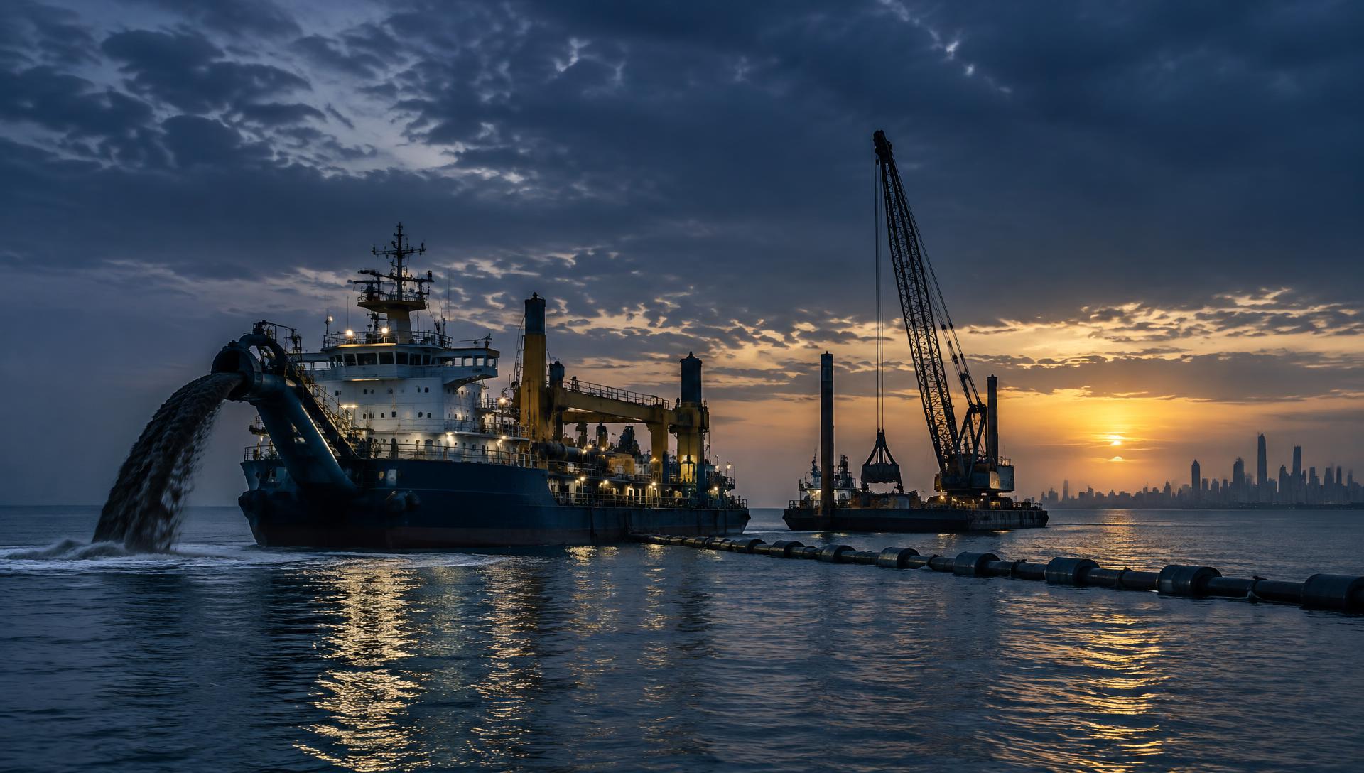 Marine construction barge and dredging plant working off the Kuwait coast